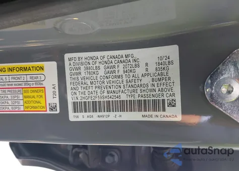 2025 Honda Civic Sport z USA, uszkodzony, nr VIN 2HGFE2F59SH542546